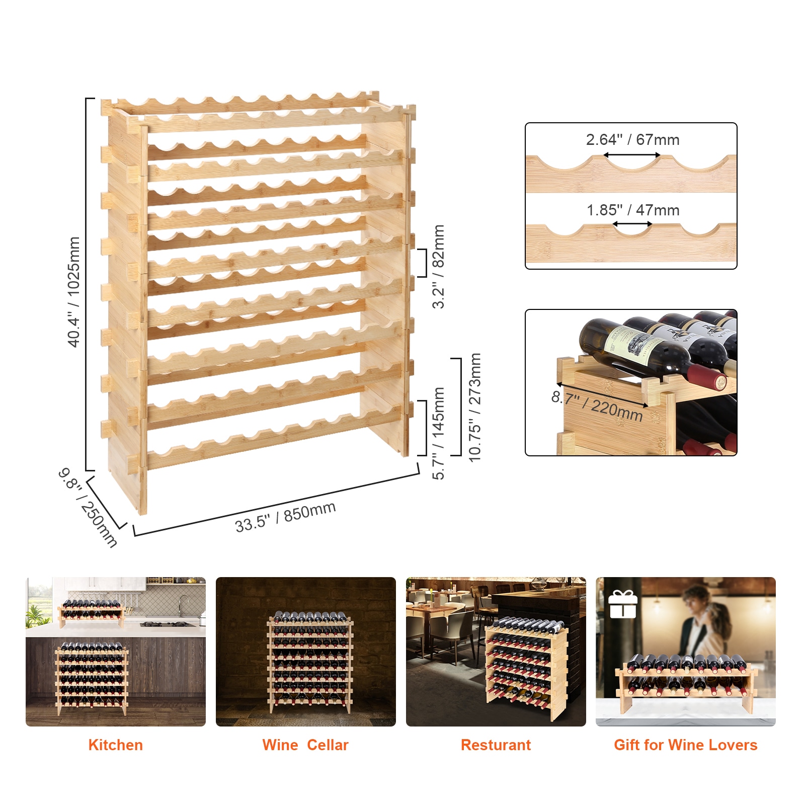 72 Bottle Stackable Modular Wine Rack Bamboo Wood Display Shelf 8-Tier_voghion.com